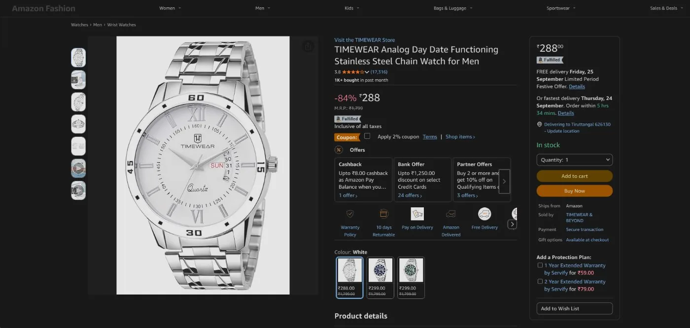 The same Amazon product page in dark mode, with the product photo still in its real colours