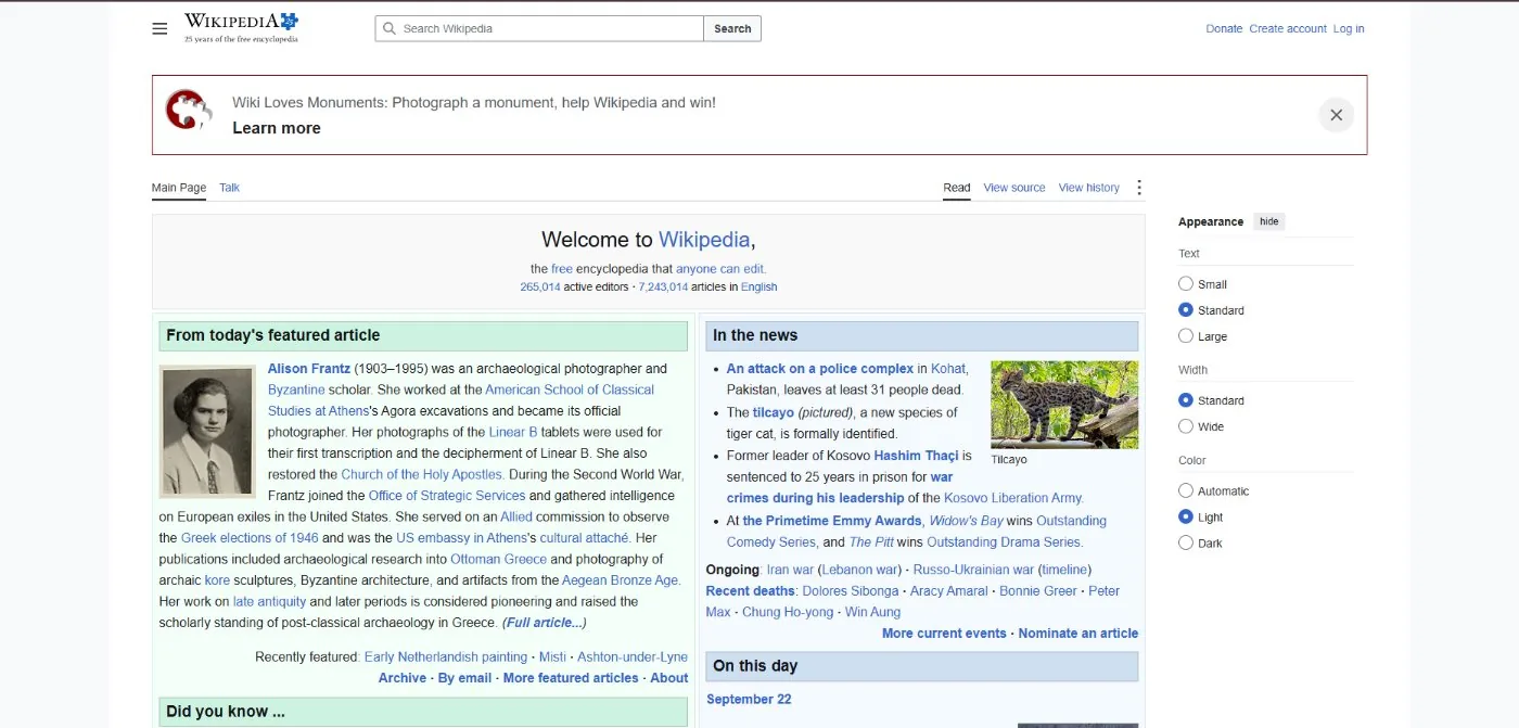 A Wikipedia page in its normal light colours